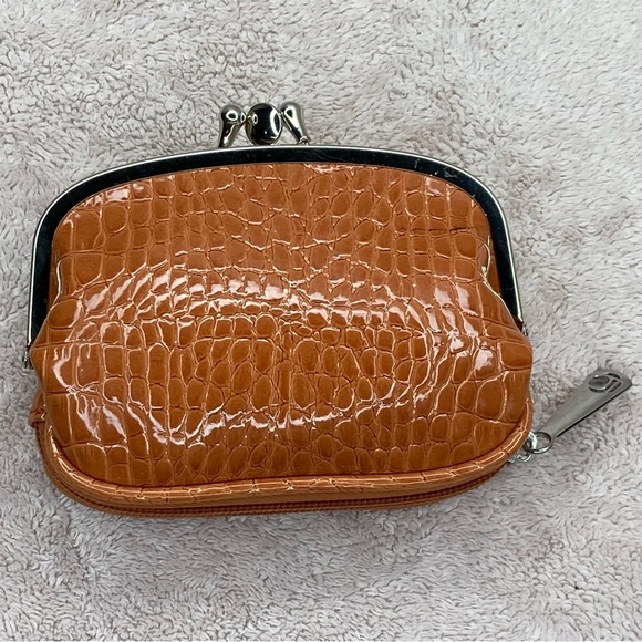 Vintage Liz Claiborne Faux Croc Leather Small Coin Purse Pouch-Orange-Kiss Lock - Picture 2 of 8